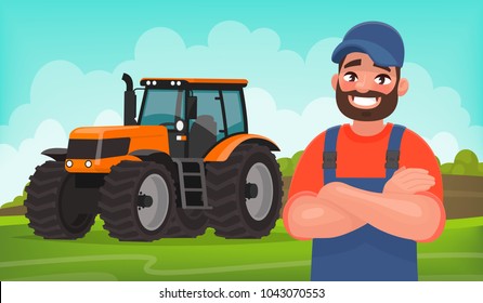 Granjero alegre en el fondo de un campo y un tractor.Trabajo agrícola. Ilustración vectorial en estilo de caricatura