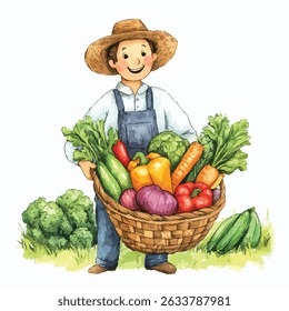 A cheerful farmer in overalls and a straw hat holds a bountiful basket overflowing with colorful, freshly harvested vegetables.