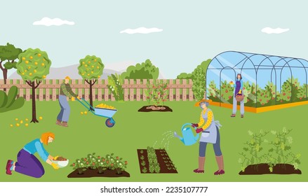 Cheerful farmer people work together nature farm, character use kitchen garden tool flat vector illustration, harvest green vegetable plants.