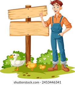 Cheerful farmer pointing at a blank wooden sign