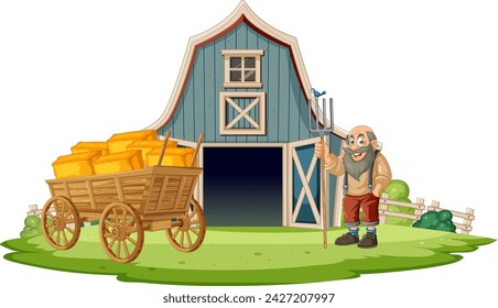 Cheerful farmer standing by barn with a hay-filled cart.
