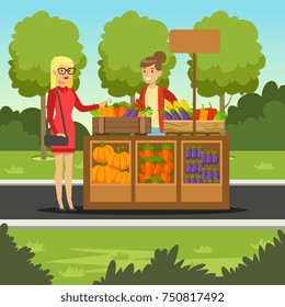 Cheerful farmer woman selling vegetables on her stall, local farmers market with a customer, agriculture and farming vector Illustration, web banner