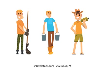 Cheerful Farmers at Work Set, Male Gardener Sweeping with Broom, Carrying Buckets, Harvesting, Farming and Agriculture Cartoon Vector Illustration