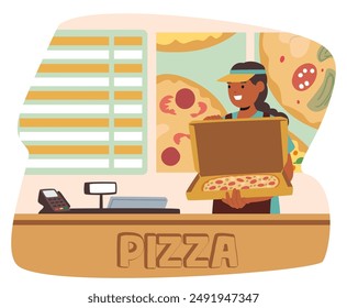 Cheerful Fast Food Worker Holding An Open Pizza Box At A Counter. Scene Features A Cash Register, Smiling Employee, And Pizza Posters In The Background, Evoking A Friendly And Welcoming Atmosphere