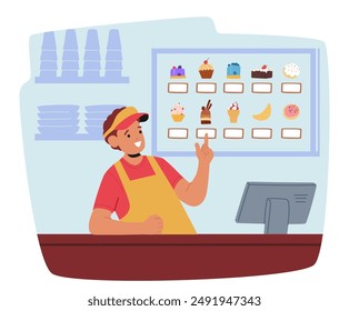 Cheerful Fast Food Worker Taking An Order In A Casual Restaurant. Employee Stands Behind The Counter, Pointing To A Menu Display With Various Desserts. Concept Of Food Service And Quick-service Cafe