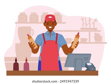 Trabajador Alegre De Comida Rápida Usando Un Delantal Rojo Y Tapa, Sosteniendo Botellas De Salsa, De Pie Detrás Del Mostrador Con Estantes En El Fondo. Concepto De Servicio al cliente, Venta Minorista Y Hostelería