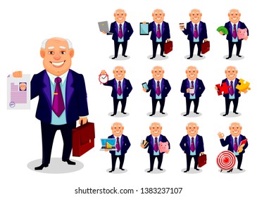 Cheerful fat business man. Concept of businessman cartoon character. Vector illustration.