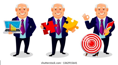 Cheerful fat business man, set of three poses. Businessman cartoon character holds laptop, holds two pieces of puzzle and holds documents. Vector illustration.