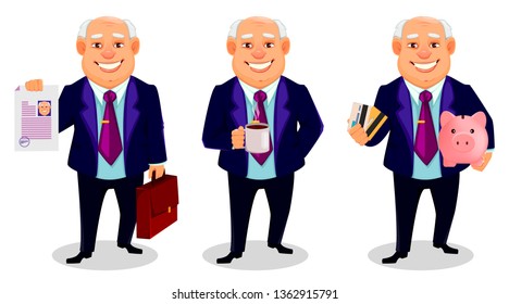 Cheerful fat business man, set of three poses. Businessman cartoon character holds document and briefcase, holds coffee and holds piggy bank and credit cards. Vector illustration.