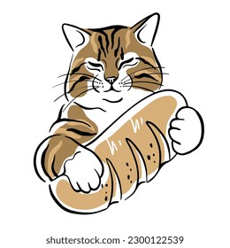 Cheerful fat cat lettering let's eat together. Sticker, funny cat