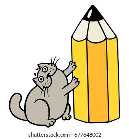 Cheerful fat cat loves pencils. Cartoon cool character. Isolated vector illustration.