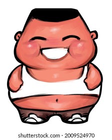 a cheerful fat chinese asian man in a white t-shirt with a round face is smiling happily vector illustration