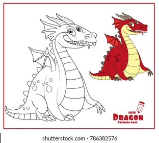 Cheerful fat dragon with little wings color and outlines for coloring isolated on white background