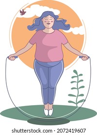 Cheerful fat girl in pink T  shirt is jumping rope  Vector graphics 