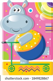 Cheerful fat hippo in a bright yellow shirt rides a kick scooter along the road