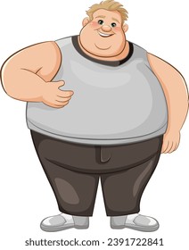 A cheerful fat male cartoon character wearing a tank top and a smile