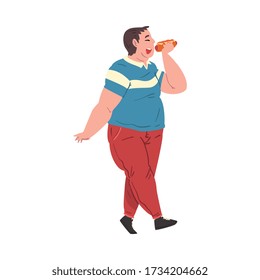 Cheerful Fat Man Eating Hotdog, Obese Guy Enjoying of Fast Food Dish while Walking, Unhealthy Diet and Lifestyle Vector Illustration