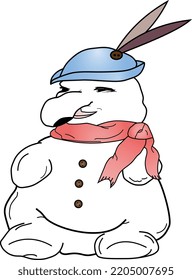 A cheerful, fat snowman in a scarf and a hat smiles and prepares for the holidays