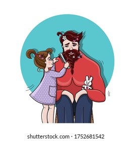 Cheerful Father and Daughter play hairdresser and client. Little girl makes pony tail on father's hair, pins hairpins and combs out his beard. Small barber and dad. Happy Father's day card design.