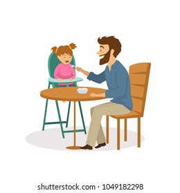 cheerful father feeding his daughter cute fun  isolated vector illustration scene
