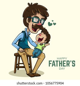 Cheerful father with glasses and mustache playing with his son holding him on his legs next to a text of Happy Father's Day. vector illustration