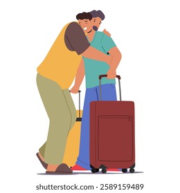 Cheerful father meeting with strong love hugs son after long time separation vector illustration. Happy family cartoon characters celebrating reunion, adult child returning home, loving parent cuddle