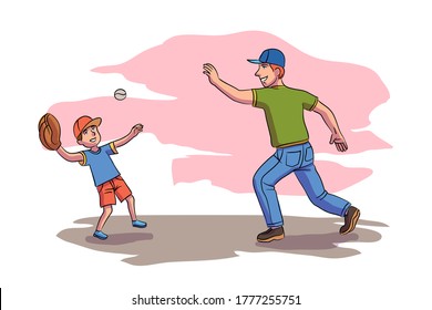 Cheerful father playing baseball with son in city park outdoor.Vector happy parenthood and childhood, parents and children playing, spend time together concept. Cartoon flat character design