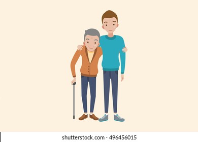 Cheerful father and son hugging and posing together isolated on Beige background