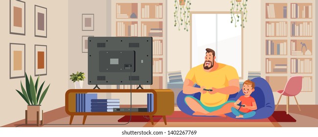 Cheerful father and son playing video game at home. Vector illustration of a modern flat cartoon design