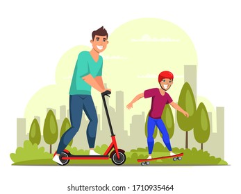 Cheerful father with son ride skateboard and scooter in city park.Vector happy parenthood and childhood, parents and children playing, spend time together concept. Cartoon flat character design
