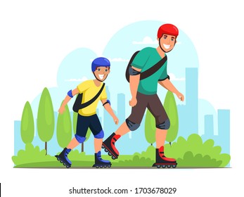 Cheerful father with son rides to roller skate in city park outdoors.Vector happy parenthood and childhood, parents and children playing, spend time together concept. Cartoon flat character design