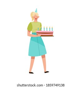 Cheerful Female with Blonde Hair in Birthday Hat Carrying Cake Vector Illustration