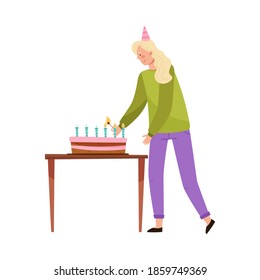 Cheerful Female with Blonde Hair in Birthday Hat Lighting Candles on Cake Vector Illustration