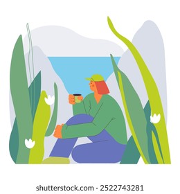 Mujer alegre tranquilamente sentarse y disfrutar de su taza de bebida en el fondo de la naturaleza. Tomar un descanso del senderismo. Senderismo aventura al aire libre, turismo activo, trekking y mochilero. Ilustración vectorial moderna.