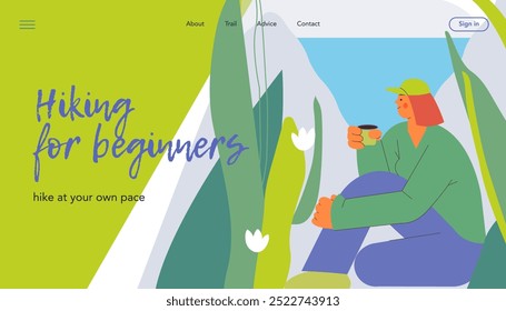 Mujer alegre tranquilamente sentarse y disfrutar de su taza de bebida en el fondo de la naturaleza. Tomar un descanso del senderismo. Senderismo aventura al aire libre, turismo, trekking y mochilero. Ilustración vectorial. Anuncio de Sitio web