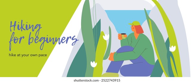 Mujer alegre tranquilamente sentarse y disfrutar de su taza de bebida en el fondo de la naturaleza. Tomar un descanso del senderismo. Senderismo aventura al aire libre, turismo, trekking y mochilero. Ilustración vectorial. Anuncio de Sitio web