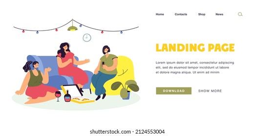 Cheerful female cartoon friends gathering at home. Young girlfriends having party together flat vector illustration. Celebration, friendship concept for banner, website design or landing web page