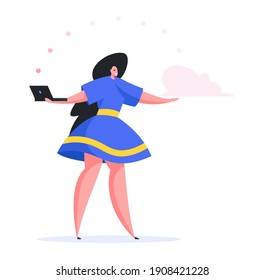 Cheerful female in casual blue dress smiling and transferring data from contemporary laptop to secure cloud storage while using digital device