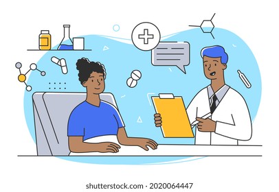 Cheerful female character at the doctors appointment. Siling woman is having her health checked by doctor. Concept of health examination for kids and adults. Flat cartoon vector illustration