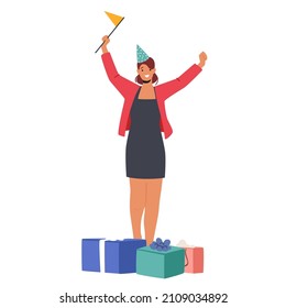 Cheerful Female Character in Festive Hat Celebrate Birthday, Surprise Party. Happy Woman Hold Flag, Wear Funny Hat with Pile of Gift Boxes around. Congratulations. Cartoon People Vector Illustration