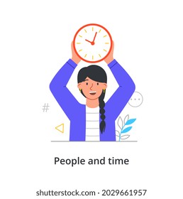 Cheerful female character is holding time clock in hands over her head on white background. Concept of people spending time efficiently, time management and schedule. Flat cartoon vector illustration