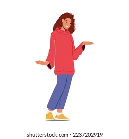 Personaje femenino alegre aislado de fondo blanco. Joven sonriente usa capucha roja y jeans posando con mano extendida, mendigando dinero o comunicándose. Ilustración de vectores de personas de caricatura