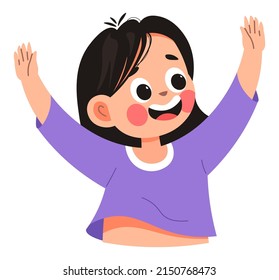 Carácter femenino alegre, niño pequeño con expresión feliz en la cara. Niña levantando manos, haciendo gestos y mostrando gratitud y felicidad. Comunicación y comportamiento emocional. Vector de estilo plano