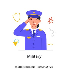 Cheerful female character in uniform enjoing working ain military on white background. Concept of people at their job. Woman with military elements on the background. Flat cartoon vector illustration