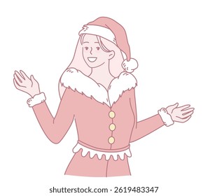A cheerful female character in a vibrant pink Santa outfit, perfect for Christmas designs and promotions