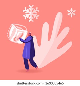 Cheerful Female Character in Winter Coat and Hat Holding Huge Ice Cube in Hands with Falling Snow Flakes around. Concept of Frozen Food, Saving and Freezing Products. Cartoon Flat Vector Illustration