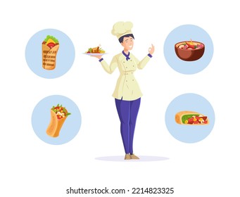 Cheerful female chef character cooking tasty meal of Mexican cuisine. Professional cook in uniform preparing dishes. Traditional Mexican wrapped fast food fajita, burritos and tacos cartoon vector