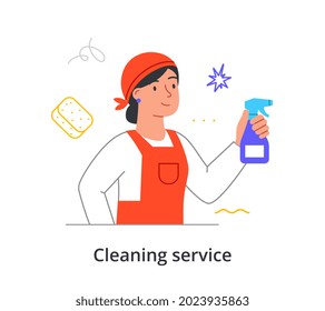 Cheerful female cleaning company member is cleaning premise with spray on white background. Concept of different people working in cleaning services. Flat cartoon vector illustration