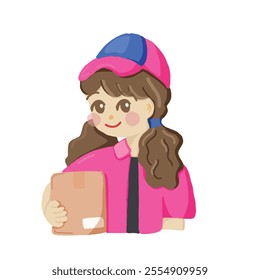 A cheerful female courier character in a pink and blue uniform holding a package. Ideal for logistics, delivery service branding, and online shipping-themed designs