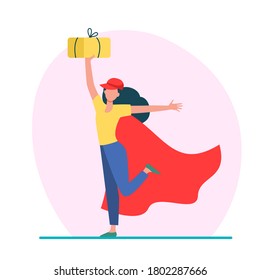 Cheerful female courier in superhero cape. Woman in baseball cap holding parcel flat vector illustration. Delivery, logistic service concept for banner, website design or landing web page